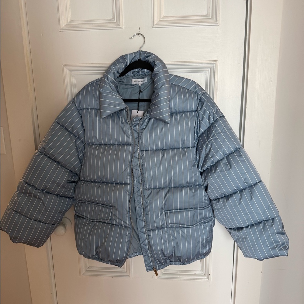 WEWOREWHAT Brand Dusty Blue Pinstripe Puffer, NWT, Size Large.